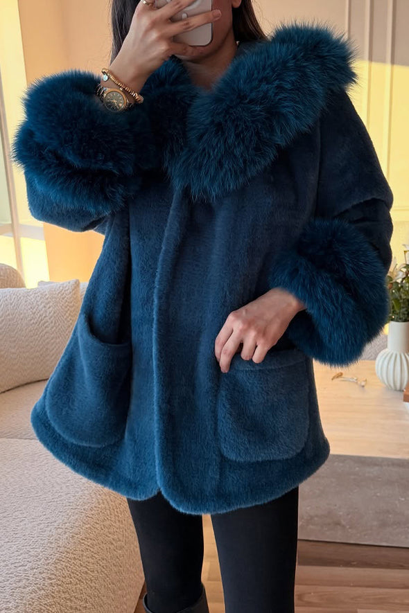 Womens Elegant Large Fur Collar Soft Plush Coat