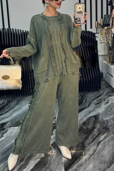 Women Round Neck Splicing Woven Solid Color Casual Suit