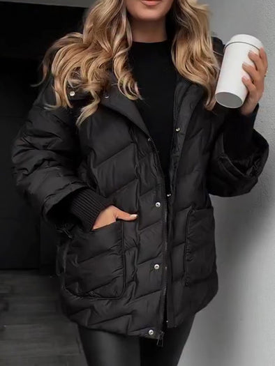 Women Hooded Solid Color Casual Cotton Jacket