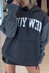 Women Casual Hooded Drawstring Letter Pattern Cable Knit Sleeve Paneled Sweatshirt