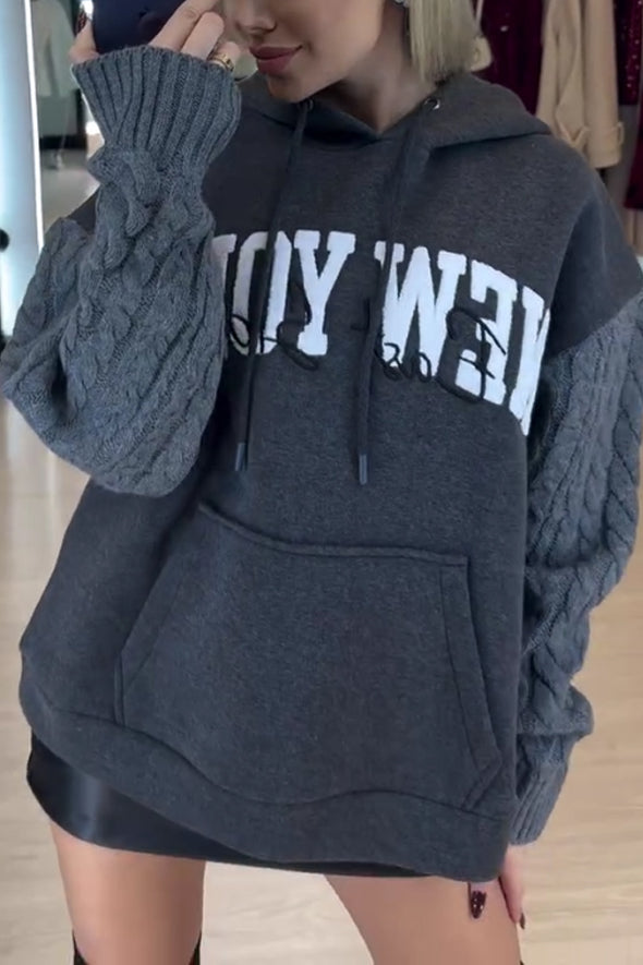 Women Casual Hooded Drawstring Letter Pattern Cable Knit Sleeve Paneled Sweatshirt