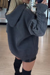 Women Casual Hooded Drawstring Letter Pattern Cable Knit Sleeve Paneled Sweatshirt