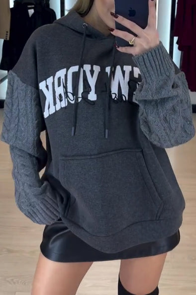 Women Casual Hooded Drawstring Letter Pattern Cable Knit Sleeve Paneled Sweatshirt