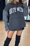 Women Casual Hooded Drawstring Letter Pattern Cable Knit Sleeve Paneled Sweatshirt