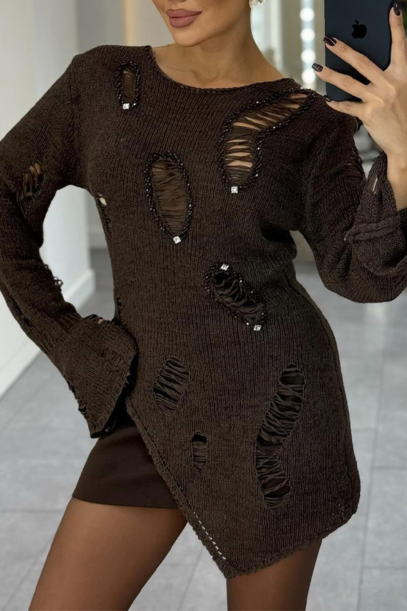 Women Fashion Party Ripped Rhinestone Irregular Sweater