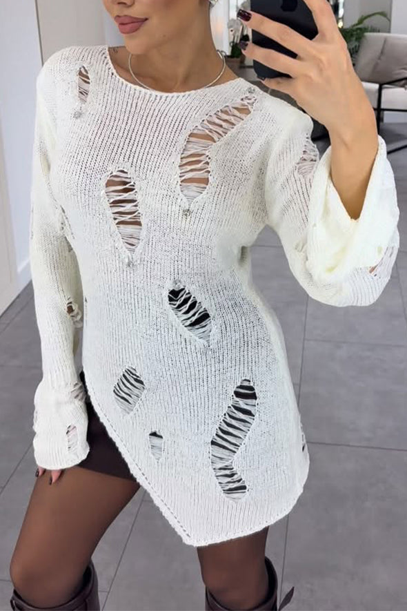 Women Fashion Party Ripped Rhinestone Irregular Sweater