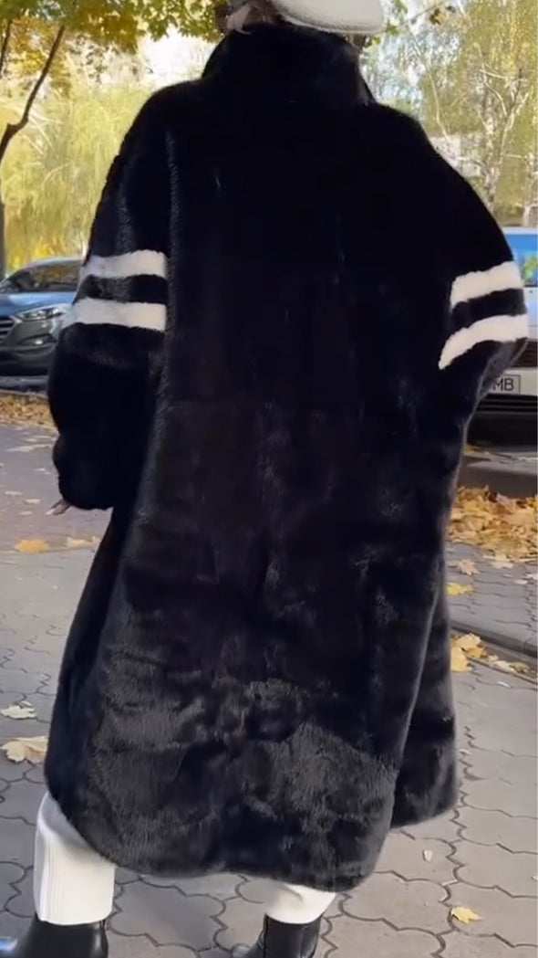 Women Stand Collar Striped Casual Long Plush Coat