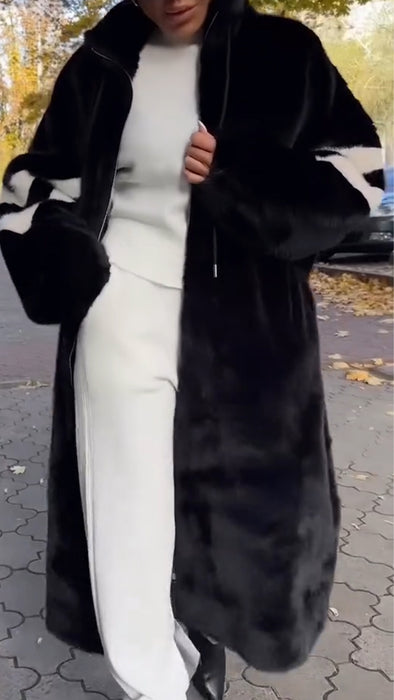 Women Stand Collar Striped Casual Long Plush Coat