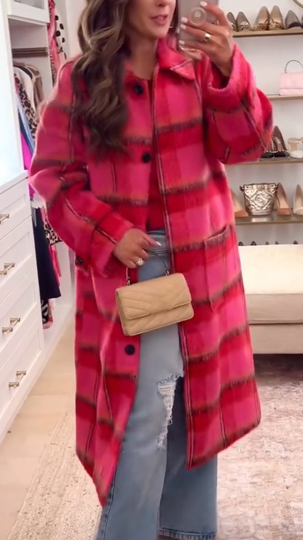 Women Lapel Plaid Casual Plush Windbreaker