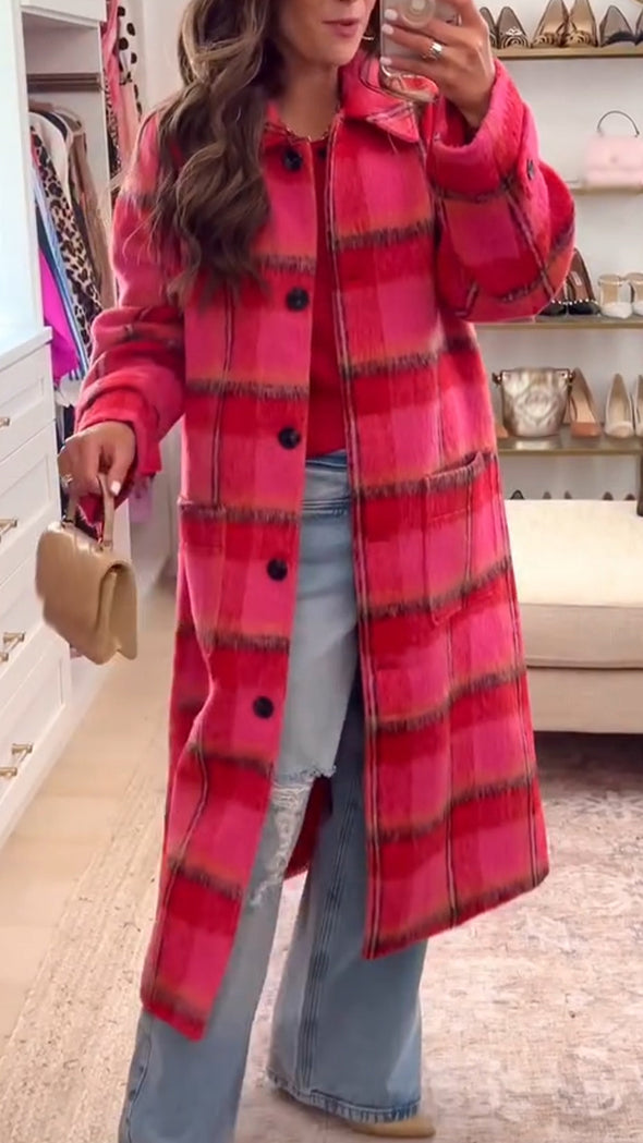 Women Lapel Plaid Casual Plush Windbreaker