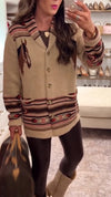 Women Lapel Patchwork Printed Buttoned Casual Knitted Coat