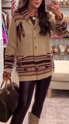 Women Lapel Patchwork Printed Buttoned Casual Knitted Coat