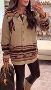 Women Lapel Patchwork Printed Buttoned Casual Knitted Coat