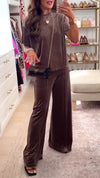 Women Round Neck Top + Pants Solid Color Casual Suit