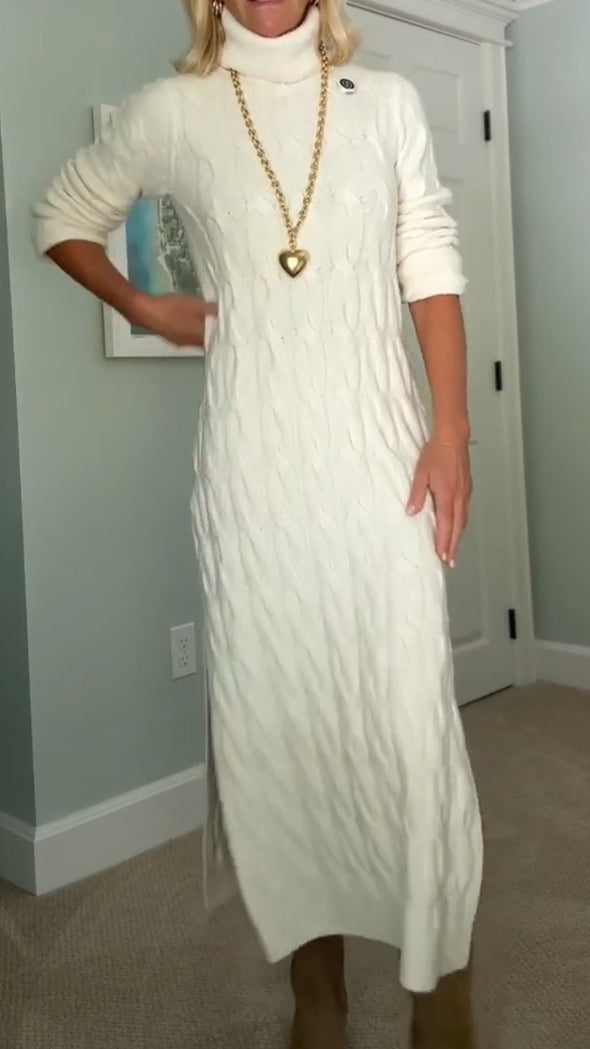 Women Turtleneck Cable Knit Side Slit Casual Sweater Dress