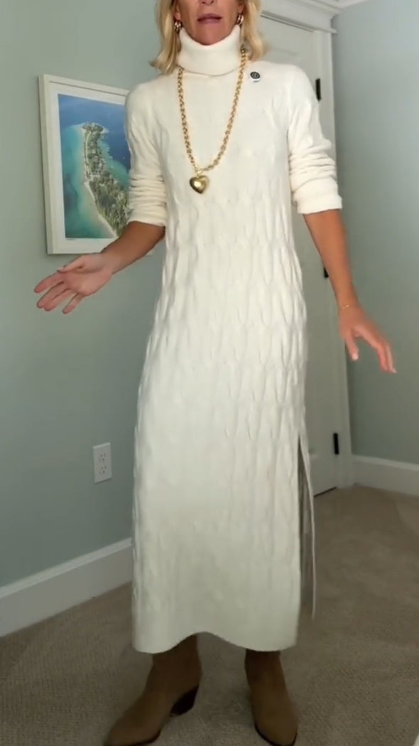 Women Turtleneck Cable Knit Side Slit Casual Sweater Dress