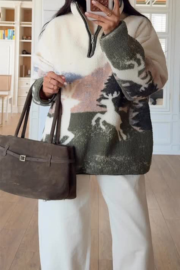 Women Casual Winter Christmas Reindeer Snowflake Pattern Stand Collar Zipper Plush Sweatshirt