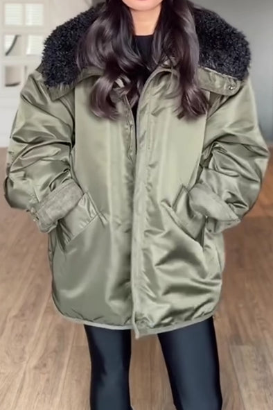 Women Casual Warm Grain Fur Collar Zipper Windbreaker Jacket