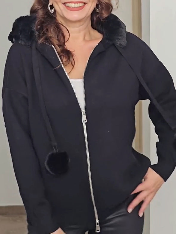 Women Fur Collar Drawstring Plush Ball Casual Jacket