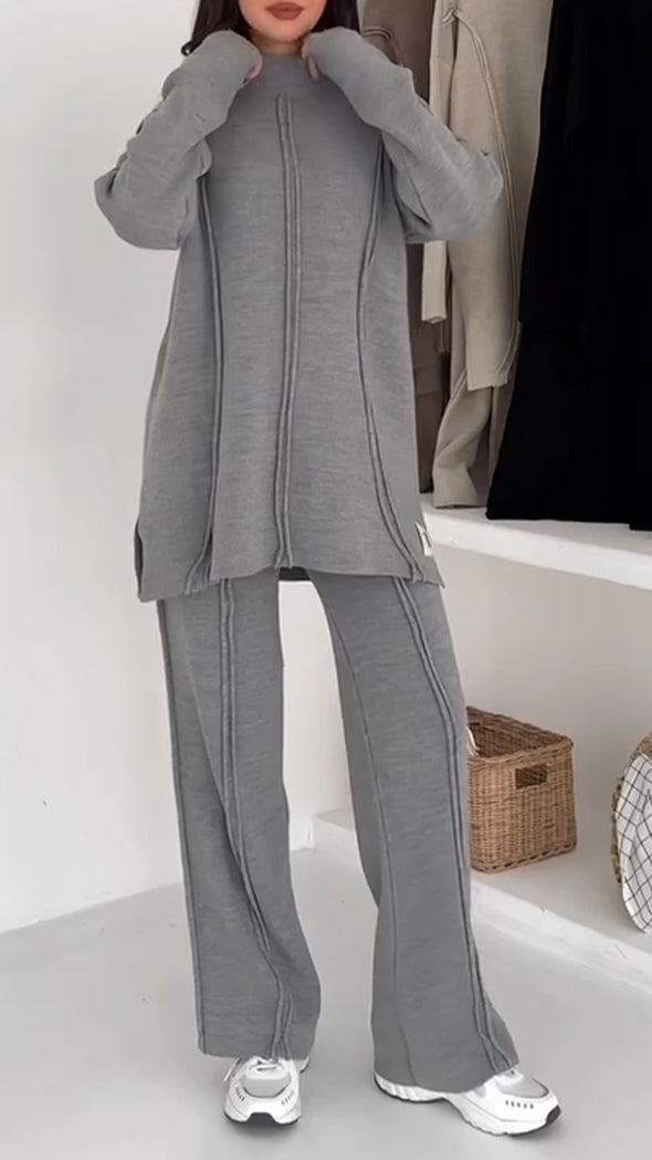 Women Round Neck Splicing Solid Color Casual Suit