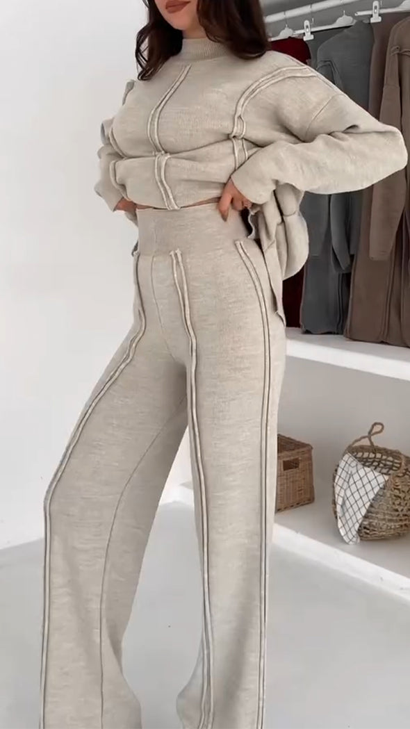 Women Round Neck Splicing Solid Color Casual Suit