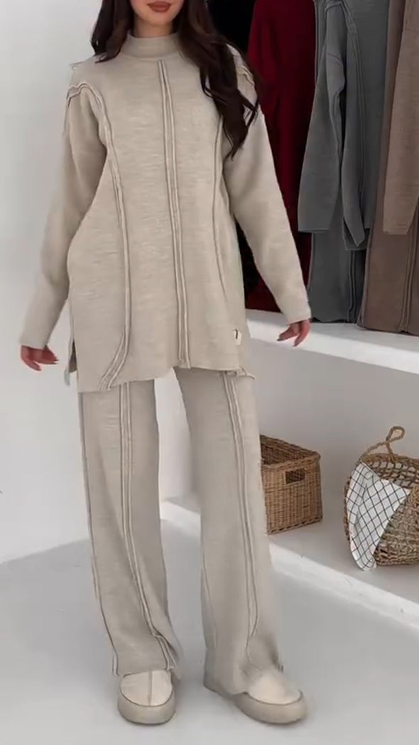 Women Round Neck Splicing Solid Color Casual Suit