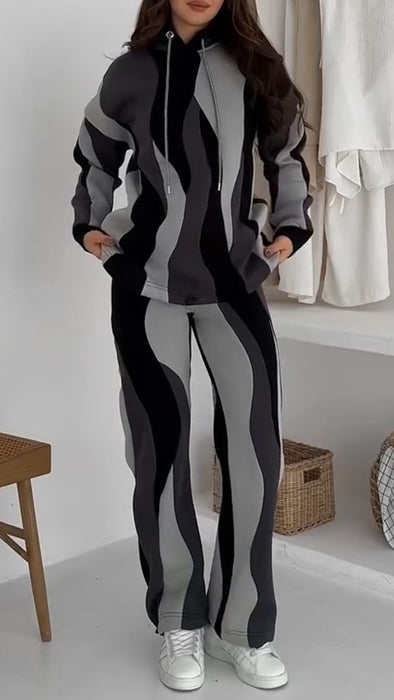 Women Hooded Drawstring Wave Pattern Sweatshirt + Pants Casual Set