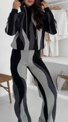Women Hooded Drawstring Wave Pattern Sweatshirt + Pants Casual Set