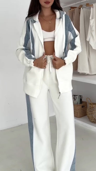 Women Hooded Spliced Jacket + Pants Casual Set