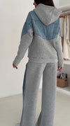 Women Hooded Drawstring Patchwork Denim Casual Suit