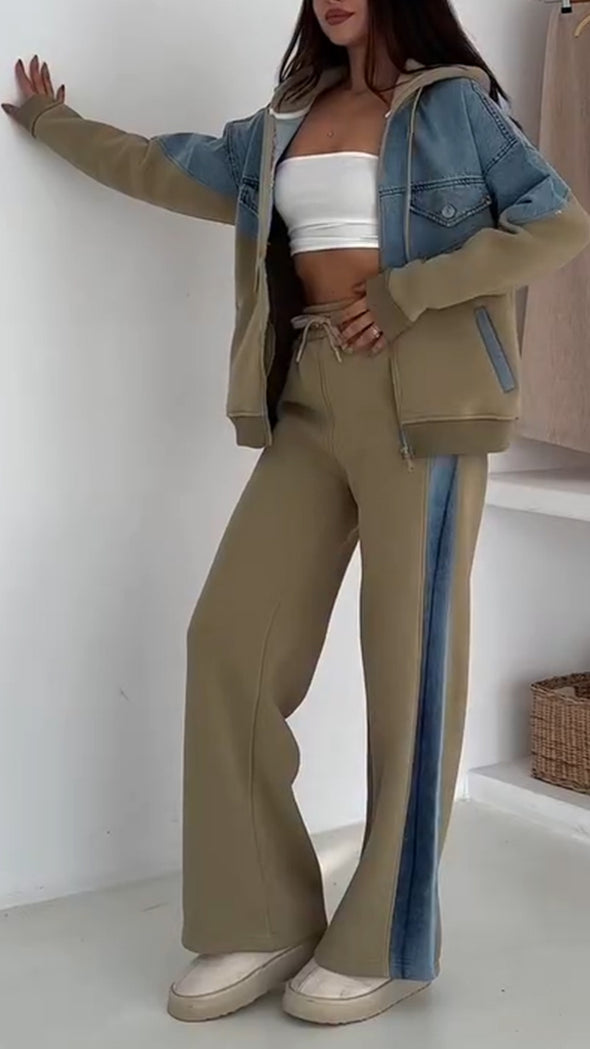 Women Hooded Drawstring Patchwork Denim Casual Suit