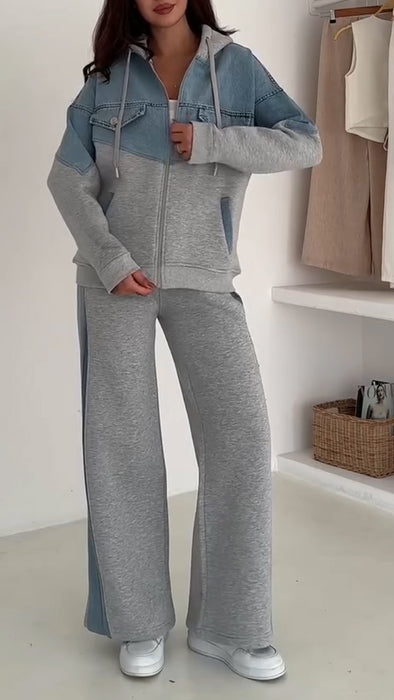 Women Hooded Drawstring Patchwork Denim Casual Suit