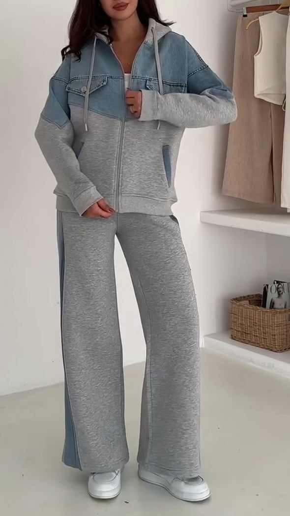 Women Hooded Drawstring Patchwork Denim Casual Suit