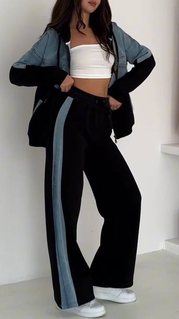 Women Hooded Drawstring Patchwork Denim Casual Suit