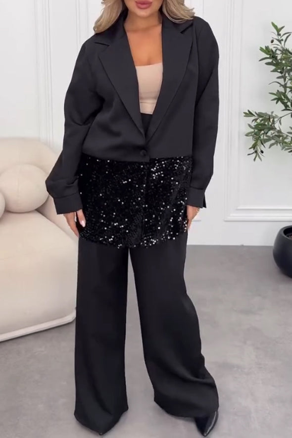 Women Elegant Sequined Suit + Wide-Leg Pants Suit
