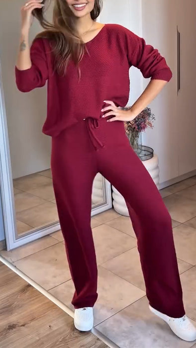 Women Round Neck Solid Color Casual Suit