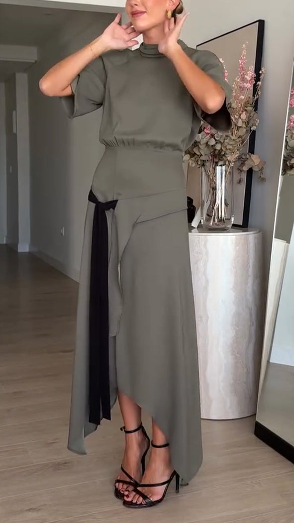 Women Round Neck Splicing Irregular Elegant Casual Dress