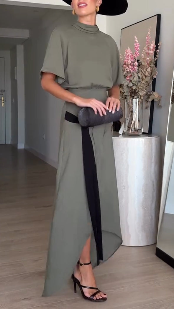 Women Round Neck Splicing Irregular Elegant Casual Dress