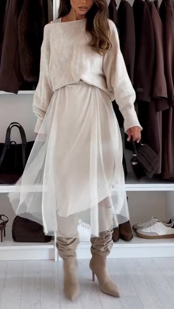 Ladies Inner Splicing Mesh Dress+Sweater Casual Set