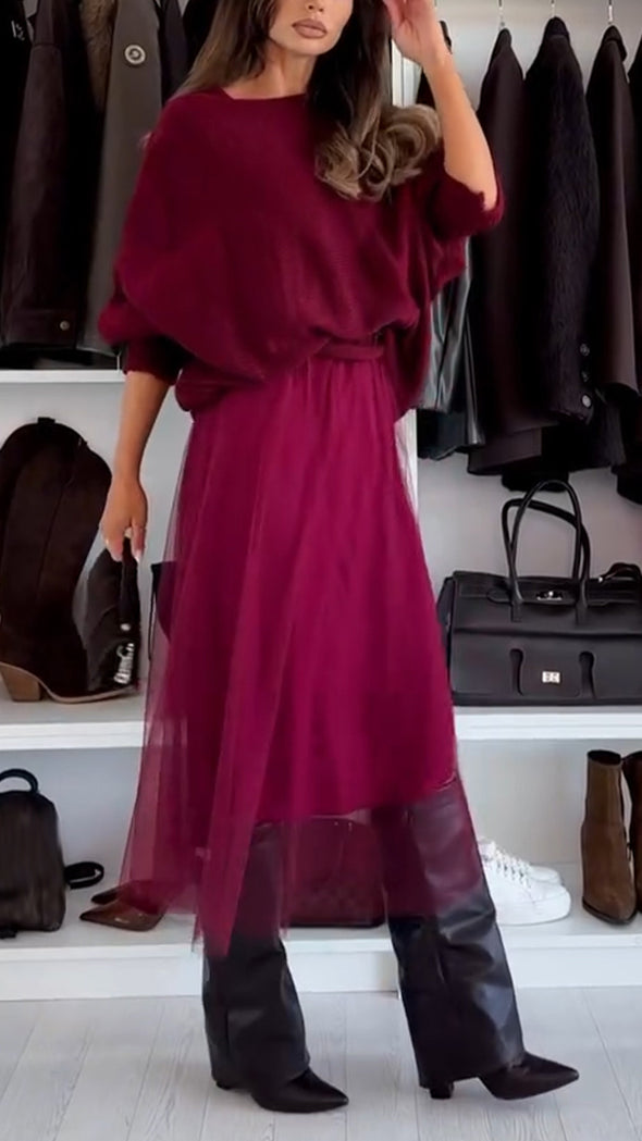 Ladies Inner Splicing Mesh Dress+Sweater Casual Set