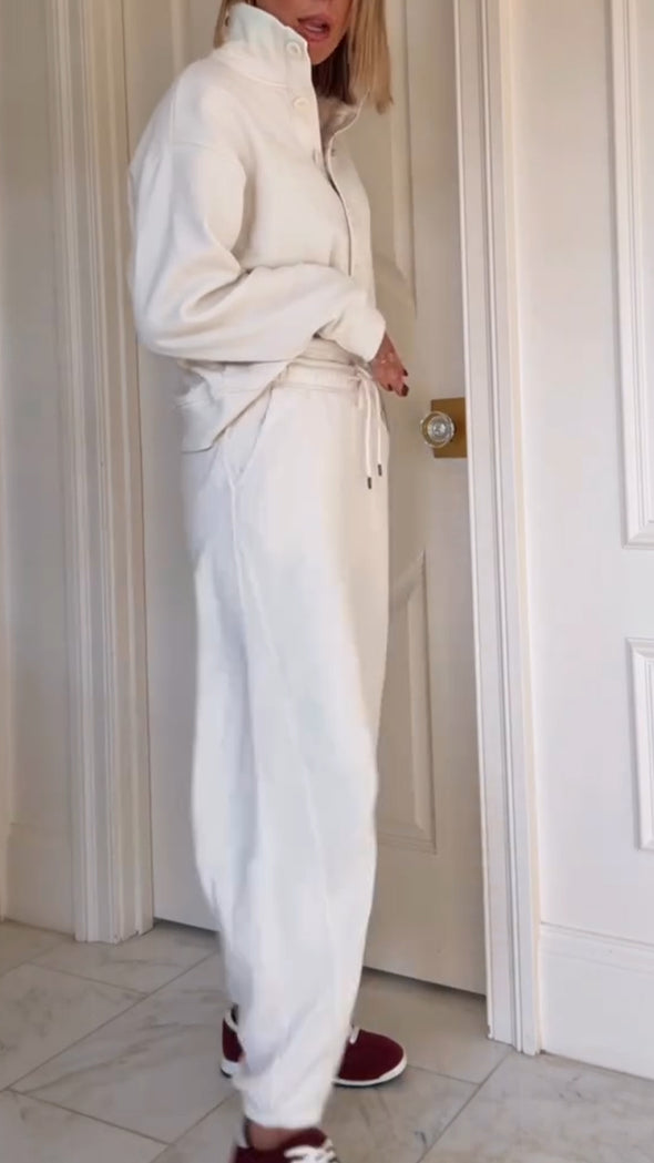 Women Stand Collar Button-Down Top + Drawstring Pants Casual Set