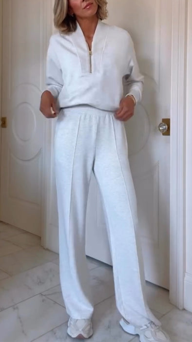 Women Round Neck Half-zip Top + Pants Casual Suit