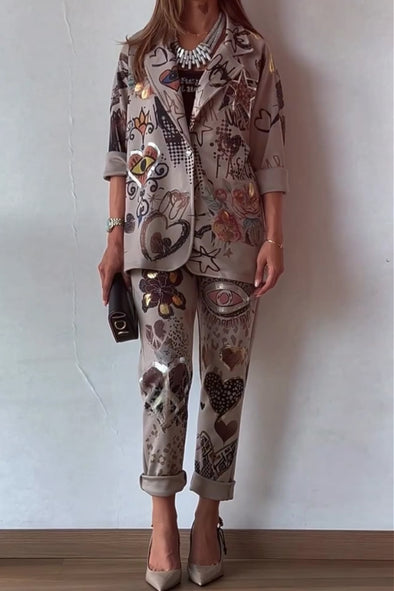 Women Casual Graffiti Pattern Suit + Pants Suit