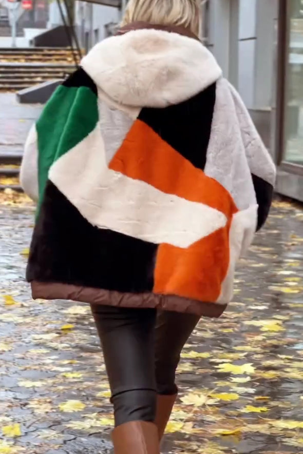 Women Casual Irregular Color Block Hooded Plush Jacket