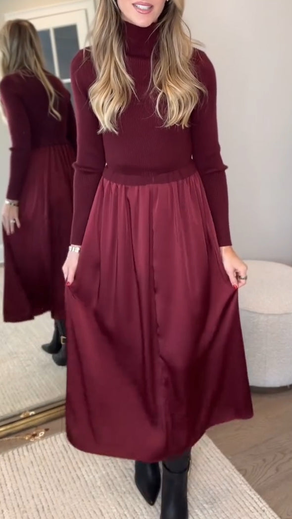 Ladies High Neck Knitted Patchwork Elegant Casual Dress