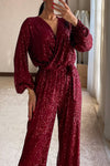 Ladies V-neck Sequin Sparkling Elegant Temperament Dinner Party Casual Jumpsuit