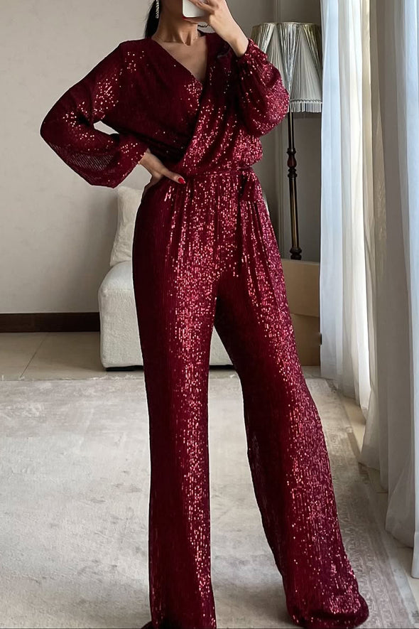 Ladies V-neck Sequin Sparkling Elegant Temperament Dinner Party Casual Jumpsuit