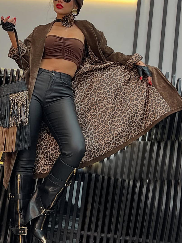 Ladies Lapel Internal Leopard Print Casual Plush Coat