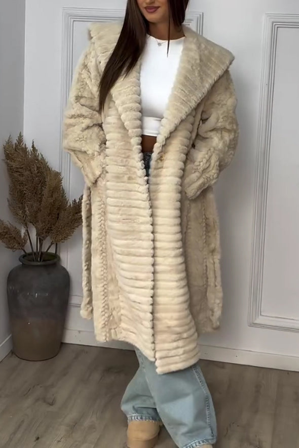 Women Casual Soft Textured Pattern Tie-up Plush Warm Coat