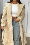 Women Casual Soft Textured Pattern Tie-up Plush Warm Coat